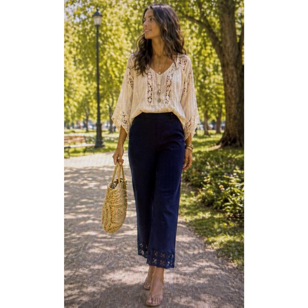 Chico's Women's 1.5 (US 10) Pants Blue Pull On navy crochet trim bohemian lace